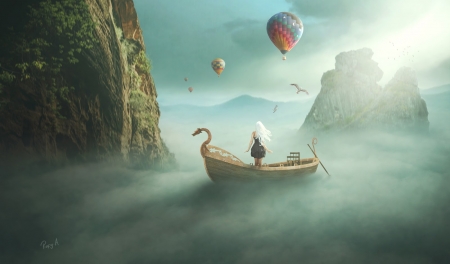 :) - water, boat, girl, sea, pink, creative, hot air balloon, fantasy, rafy a, luminos