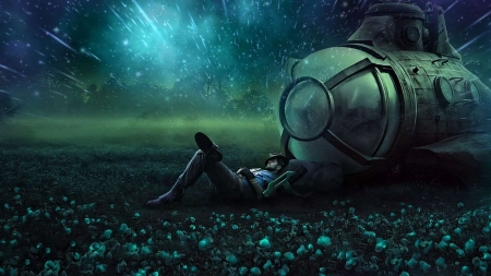 :) - ship, stars, sleep, blue, sky, fantasy, luminos, man, green