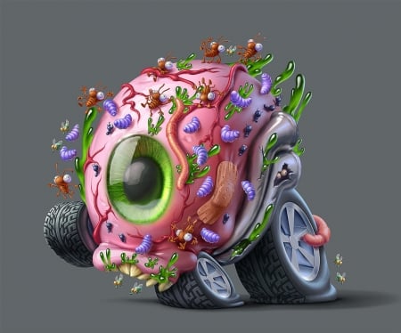 :) - oscar ramos, fantasy, brain, car, funny, green, eye, pink