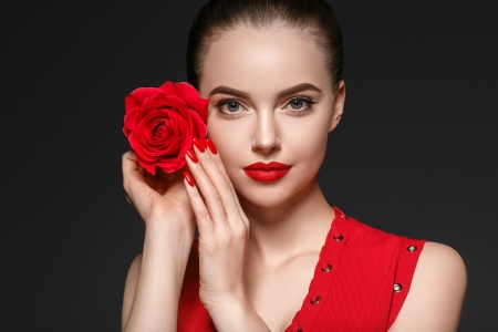 Beauty - woman, girl, red, hand, model, flower