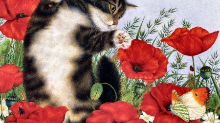 cats-beauty-poppies-butterfly-flower-artwork-floral-pet-cat-feline-painting-art-kitten-hd-photos-download