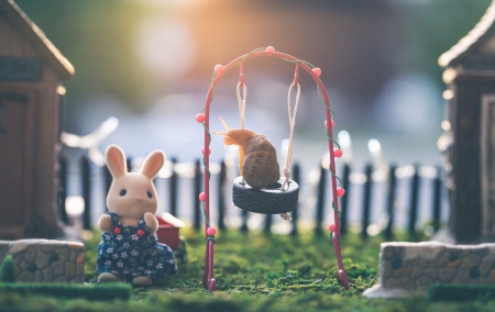 :) - summer, cute, garden, toy, fence, snail, swing, vara, bunny