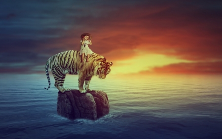 :) - child, copil, tiger, water, rafy a, girl, blue, fantasy, orange, sunset