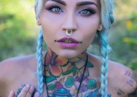 Beauty - tattoo, woman, face, girl, pink, hair, blue, model