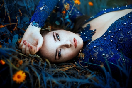 Beauty - ronny garcia, blue, woman, model, girl, orange, flower