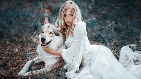 :) - white, wolf, woman, girl, lup, model, blonde