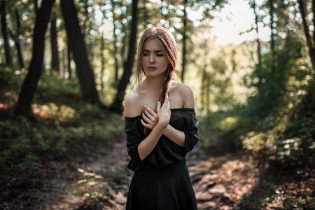 Pretty in black - sweet, tree, girl, forest