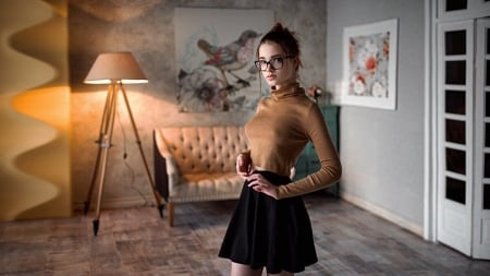 With her glasses - pretty, room, girl, sweet