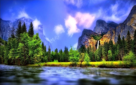 * - lake, forest, mountains, clouds, waterfalls, nature