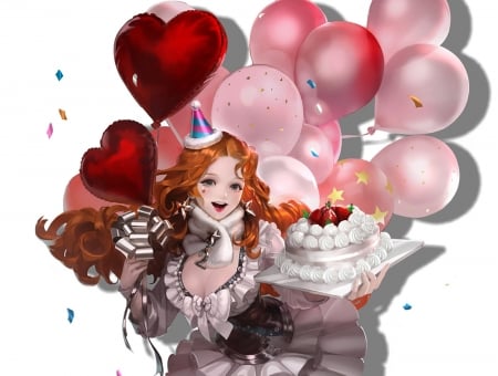 Happy Birthday! - white, fantasy, pink, balloon, birthday, sweet, girl, cake