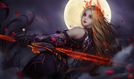 Lianxi - moon, lianxi, girl, red, luna, sword, fantasy, dong bone