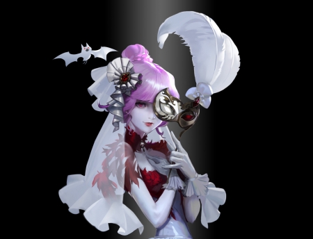 Fantasy girl - feather, white, fantasy, pink, black, mask, luminos, girl