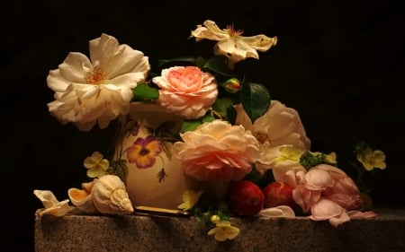 â¤ - roses, flowers, table, vase, shell