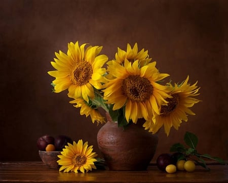 Still life with sunflowers - Vase, Sunflowers, Fruits, Still life