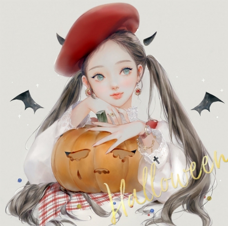 Halloween - hat, bat, dadachyo, girl, pumpkin, orange, frumusete, fantasy, red, halloween, luminos