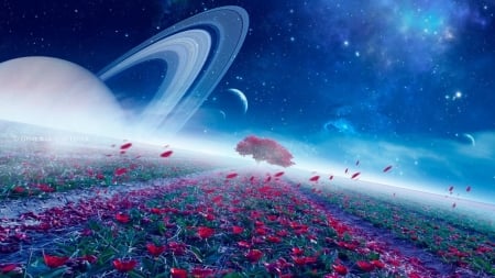 Fantasy - flower, pink, world, blue, saturn, sky, fantasy, planet, rico de zoysa, tree, luminos