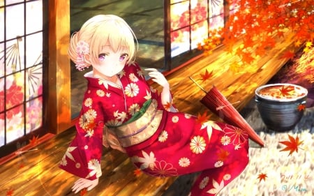 Shirasagi Chisato - anime, shirasagi chisato, girl, kimono, orange, masa, manga, umbrella, autumn, red, leaf