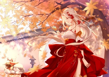 Girl - anime, girl, kimono, clouble, orange, manga, autumn, red, leaf