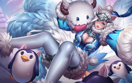 Fantasy girl - game, fantasy, white, winter, blue, lol, luminos, penguin