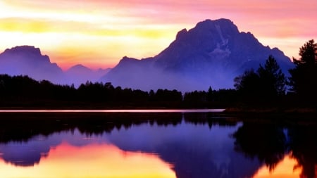 Reflection of Beauty - forests, Firefox theme, sunset, sunrise, lake, mountains, reflection