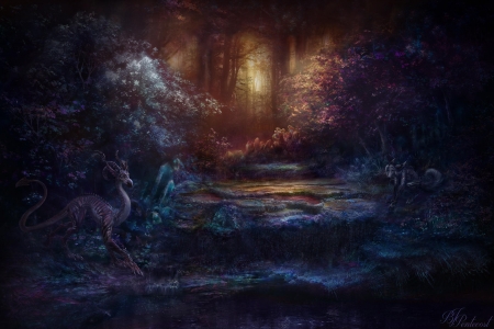 Meeting in the Crystal Forest - creature, bobbie jean pentecos, fantasy, blue, forest, pink, luminos