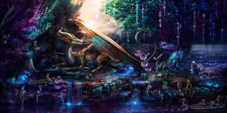 Gathering of the Whitewood - bobbie jean pentecos, fantasy, dragon, blue, wings, pink, luminos