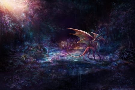 Crimson Cave Dragon - wings, bobbie jean pentecos, fantasy, luminos, pink, blue, dragon, cave, crimson