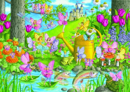 Fairies - summer, fantasy, pink, water, fairy, luminos, blue, green