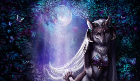 Naira - moon, girl, bobbie jean pentecos, fantasy, wolf, pink, creature, luminos, blue, luna