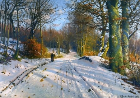 EarlyWinter Walk - sky, road, trees, snow, sunshine