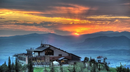 Colorado Sunset - sky, lift, trees, clouds, mountains, house, colors