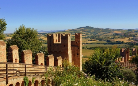 Fortress Torre Gradara, Italy - italy, fortress, fields, landscape