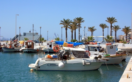 Harbor in Greece - boats, harbor, palms, Greece