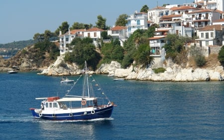 Skiathos Island, Greece - island, Greece, houses, ship