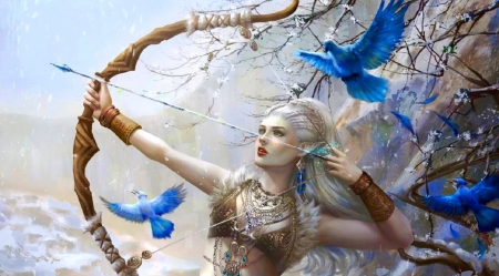 The Archer - pretty, birds, archer, blue, girl, fantasy, digital, woman, art