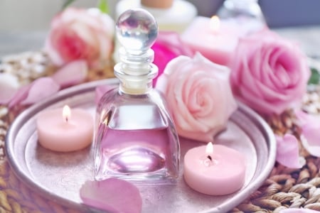 Spa - wood, oil, roses, candles, petals, pink