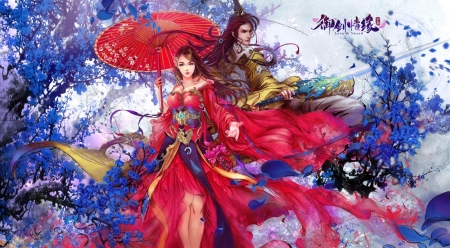 Fantasy - parasol, couple, yajun li, asian, fantasy, luminos, red, blue, umbrella