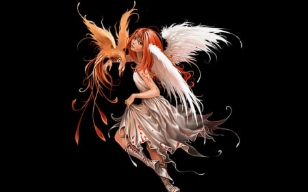 Angel and phoenix bird - bird, black, fantasy, phoenix, girl, angel, anna ignatieva