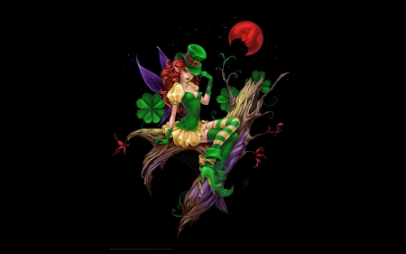 Irish Cream - hat, moon, st pattrick, girl, anna ignatieva, black, fantasy, redhead, red, green, fairy, luminos, luna