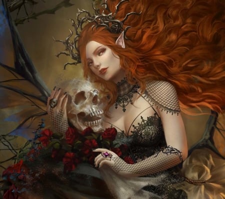 Succubus - girl, hoang lap solan, flower, skull, elf, succubus, frumusete, fantasy, redhead, rose, luminos, demon