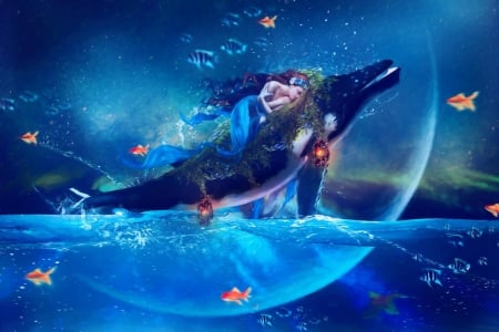 Mermaid's dream - moon, vara, girl, whale, water, summer, dream, fantasy, inertiarose, mermaid, luminos, blue, luna, sea