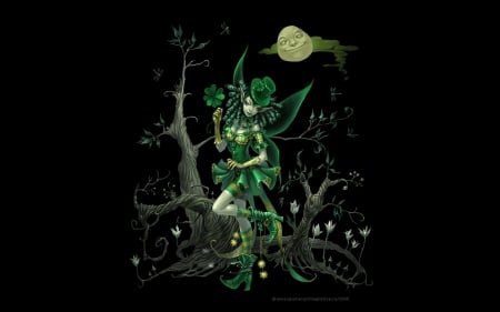 St Patty - moon, anna ignatieva, st patrick, girl, black, fantasy, luminos, green, luna, fairy