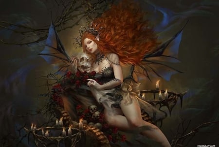 Succubus - girl, hoang lap solan, skull, elf, succubus, frumusete, fantasy, redhead, hand, art, luminos, demon