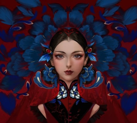 Fantasy girl - fantasy, blue, red, girl, face, kuishi xu, art, luminos