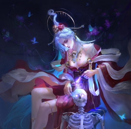 Fantasy girl - fantasy, blue, skeleton, princess, art, pink, zm panda, luminos