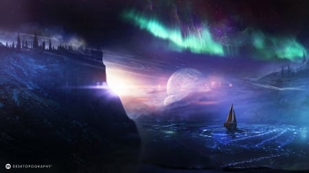 Northern lights - moon, water, ship, sea, martina stipan, desktopography, fantasy, aurora, luminos, luna