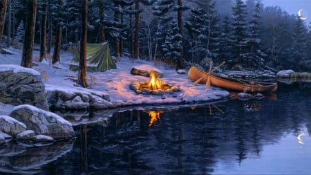 campfire - winter, painting, fire, river