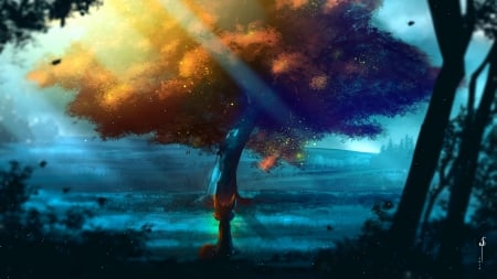 Fox and tree - fantasy, blue, fox, sava g, orange, art, tree, luminos