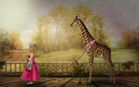 Seeing miracles every day - gittekoeppel, girl, child, copil, giraffe, creative, fantasy, pink, animal, cute