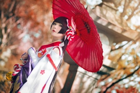 Beauty - woman, parasol, girl, asian, model, red, umbrella, kimono, cosplay